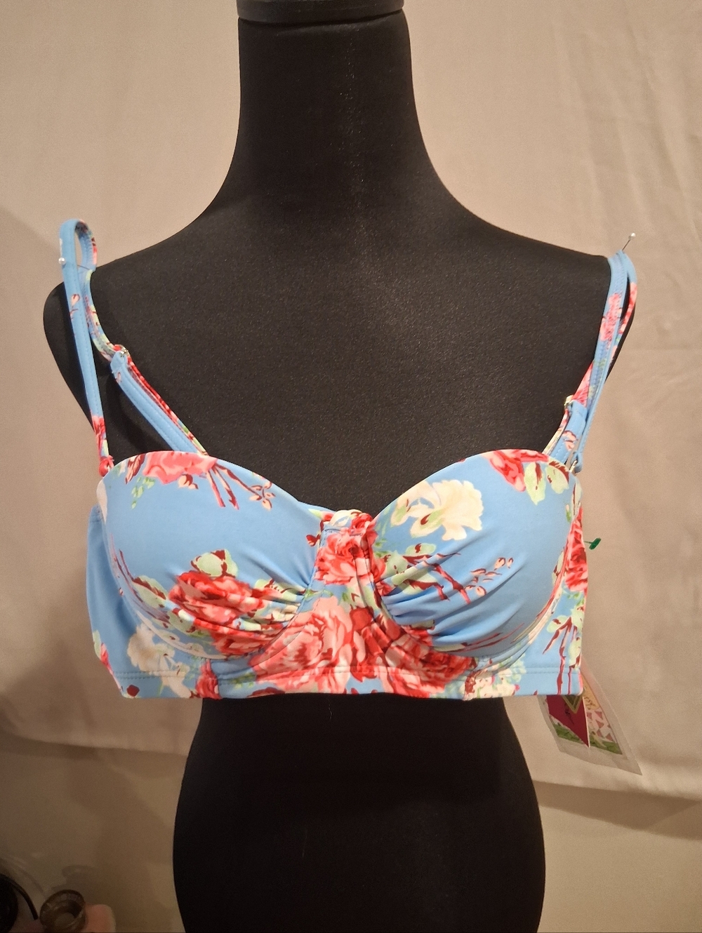 Betsey Johnson Blue Floral Bikini Top with Coral Roses